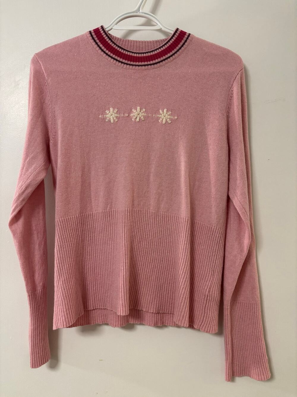 Columbia Womens Small Pink Sweater Wool Cotton Snowflake Detail Ribbed Nordic